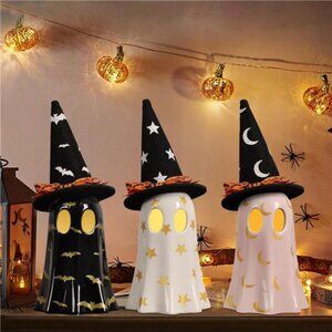 Set of 3 Ceramic Halloween Ghosts - Indoor Decor‎ with Witch Hats for Fall